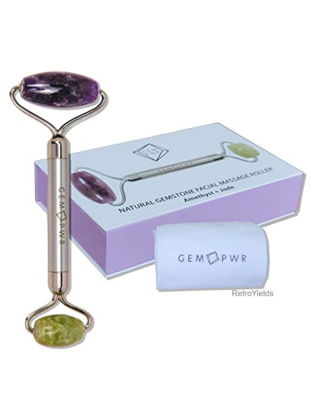 Amethyst + Jade Dual Head Facial Roller for Face Neck Massage with Travel Bag